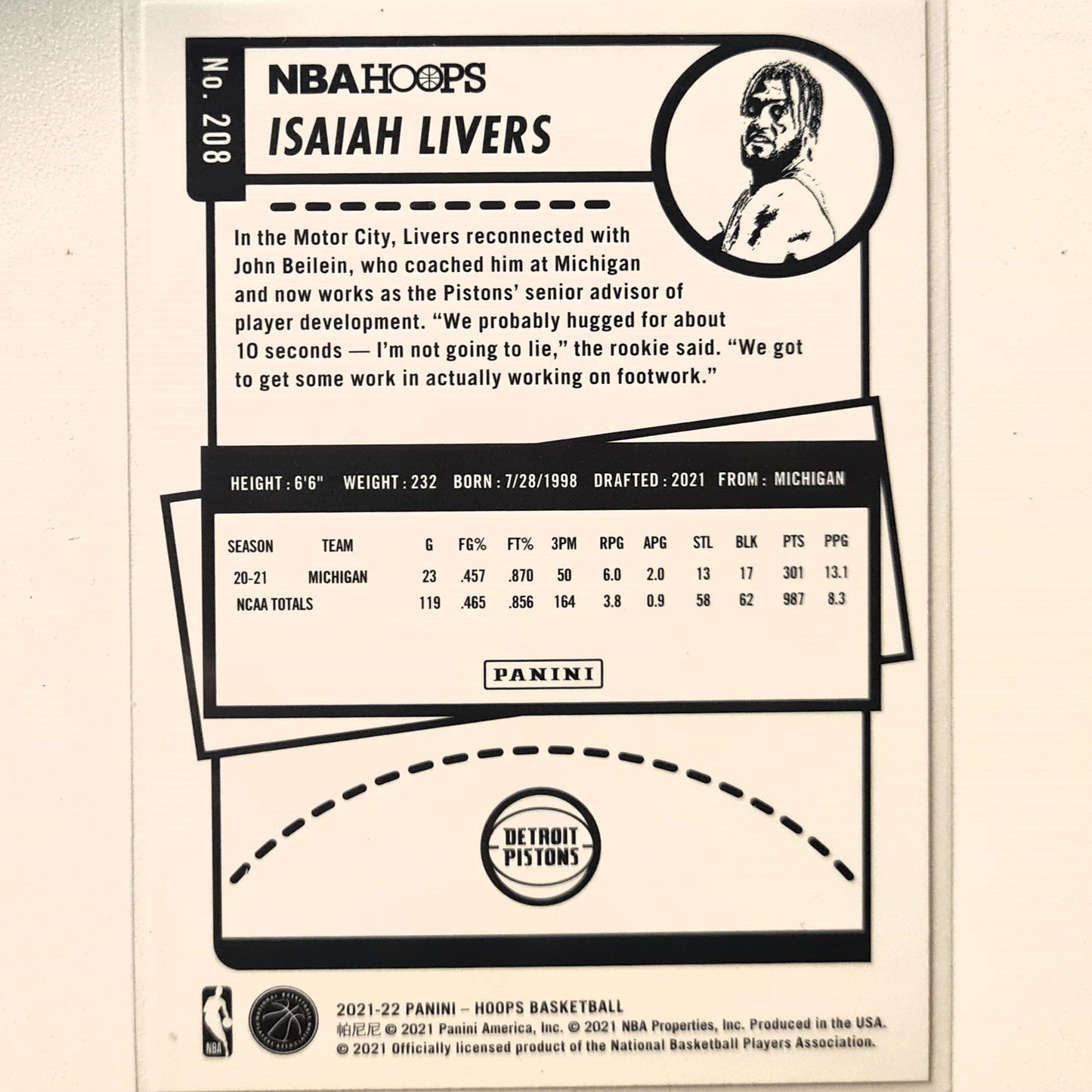 Isaiah Livers 2021-22 Panini NBA Hoops Winter edition Rookie RC #208 NBA Basketball Detroit Pistons Excellent/mint sleeved