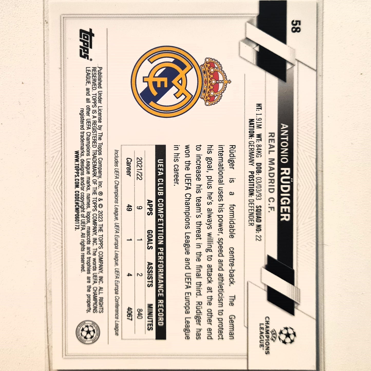 Antonio Rudiger 2023 Topps Chrome Champions League #58 Soccer football Real Madrid Mint sleeved