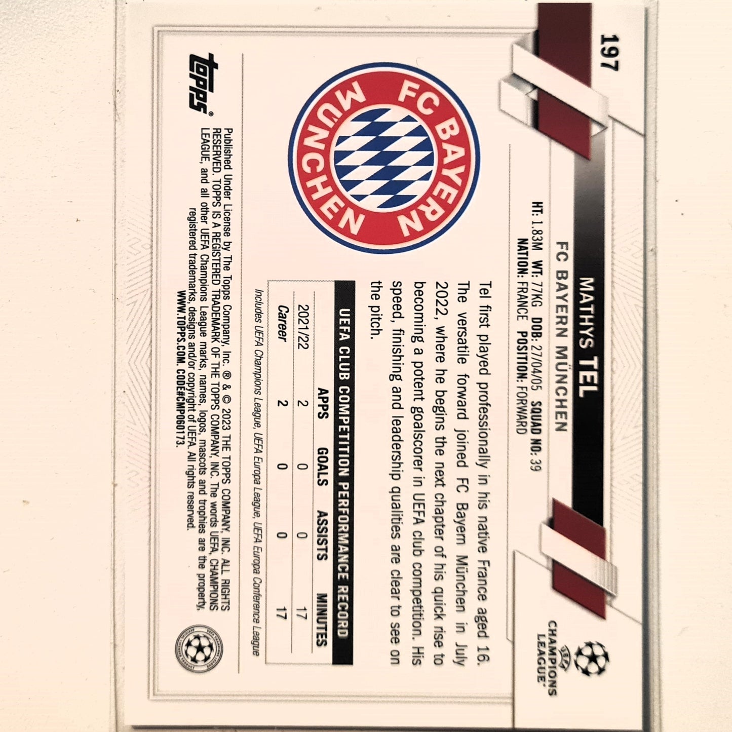 Mathys Tel 2023 Topps Chrome Champions League future stars #197 Soccer football Bayern Munich Mint sleeved