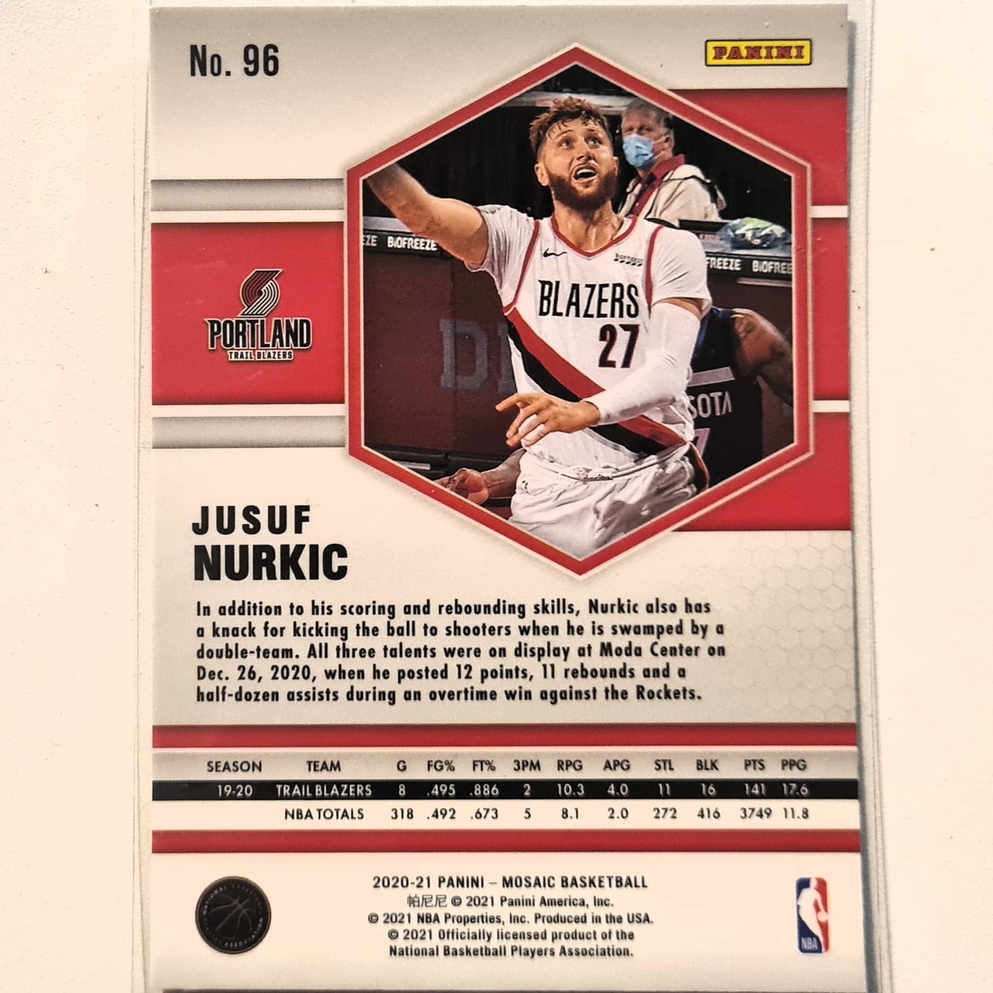 Jusuf Nurkic 2020-21 Panini Mosaic Elevate #96 NBA Basketball Portland Trail Blazers Excellent Sleeved