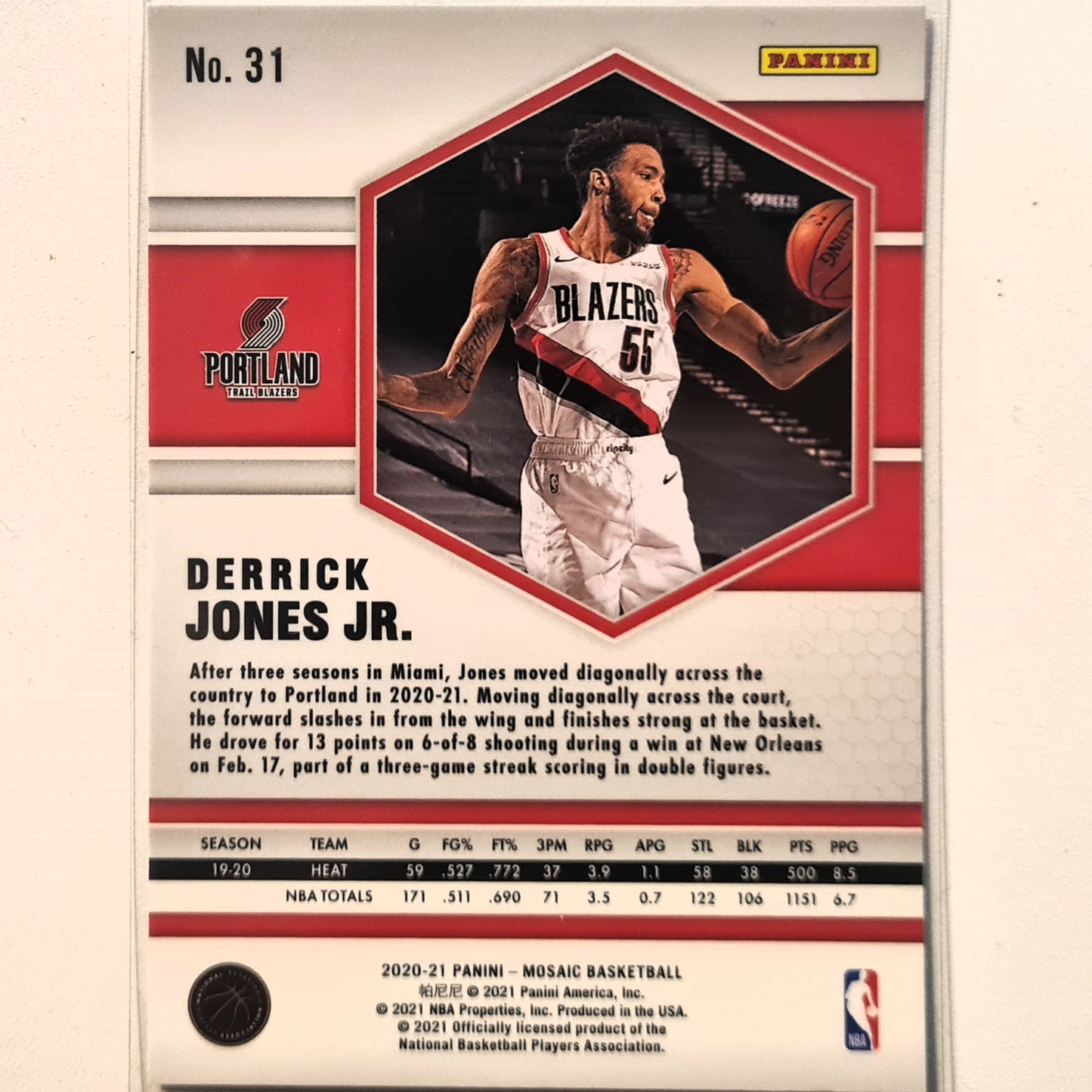 Derrick Jones Jr 2020-21 Panini Mosaic #31 NBA Basketball Portland Trail Blazers Excellent Sleeved