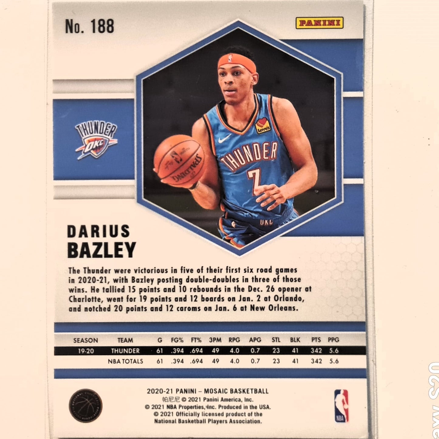 Darius Bazley 2020-21 Panini Mosaic #188 NBA Basketball Oklahoma City Thunder Excellent Sleeved