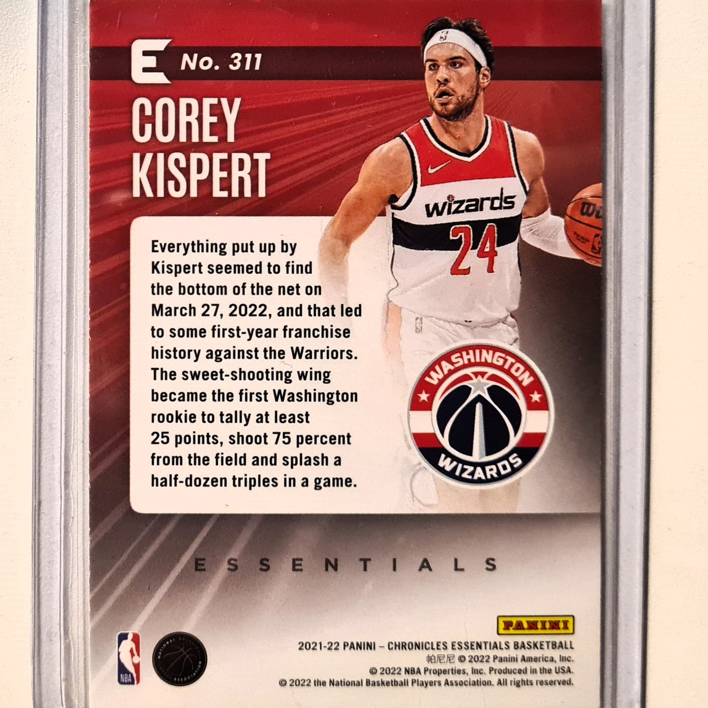 Corey Kispert 2021-22 Panini Chronicles Essentials Rookie RC #311 NBA Basketball Washington Wizards Excellent Sleeved