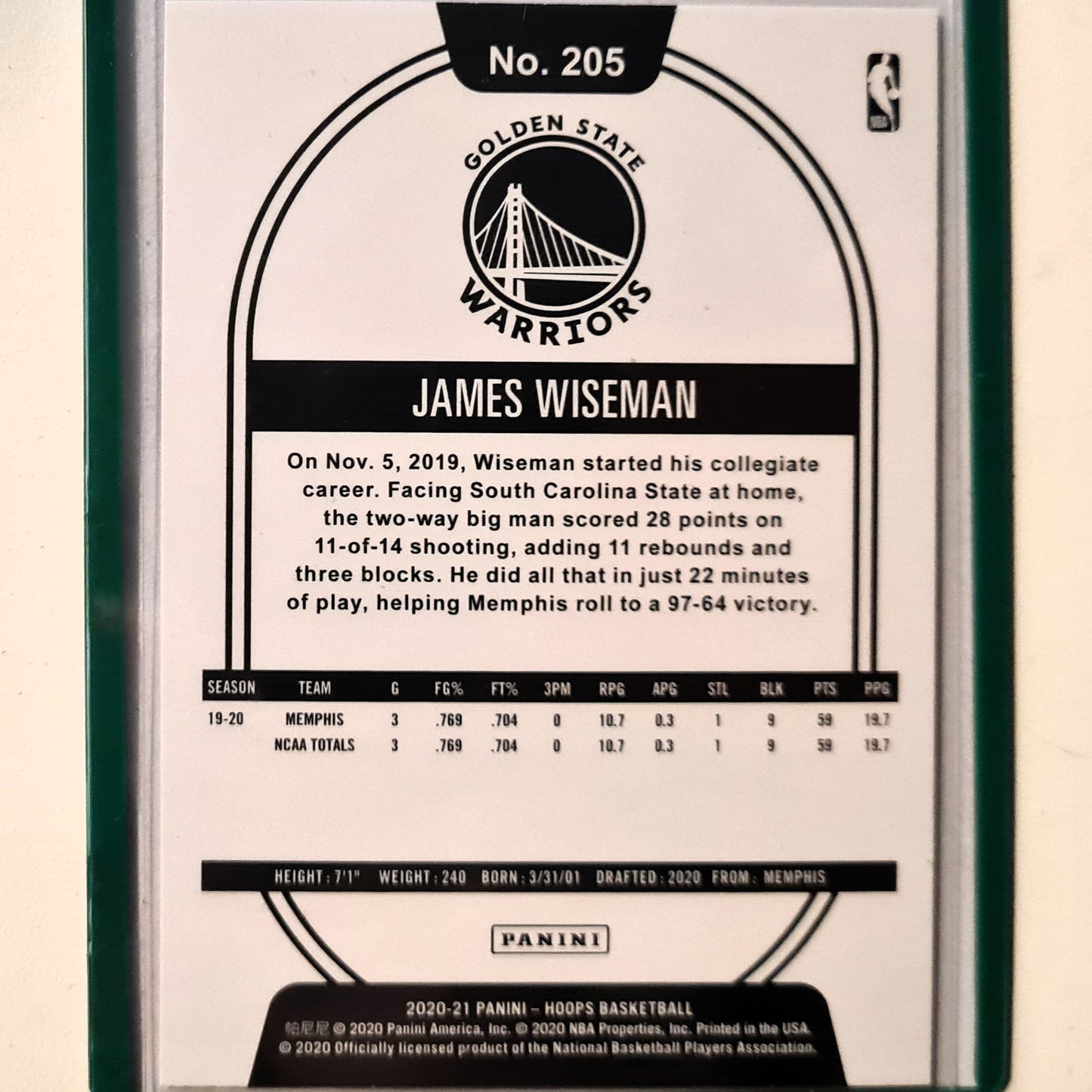 James Wiseman 2020-21 Panini Hoops #205 NBA Basketball Golden State Warriors Excellent/mint Sleeved