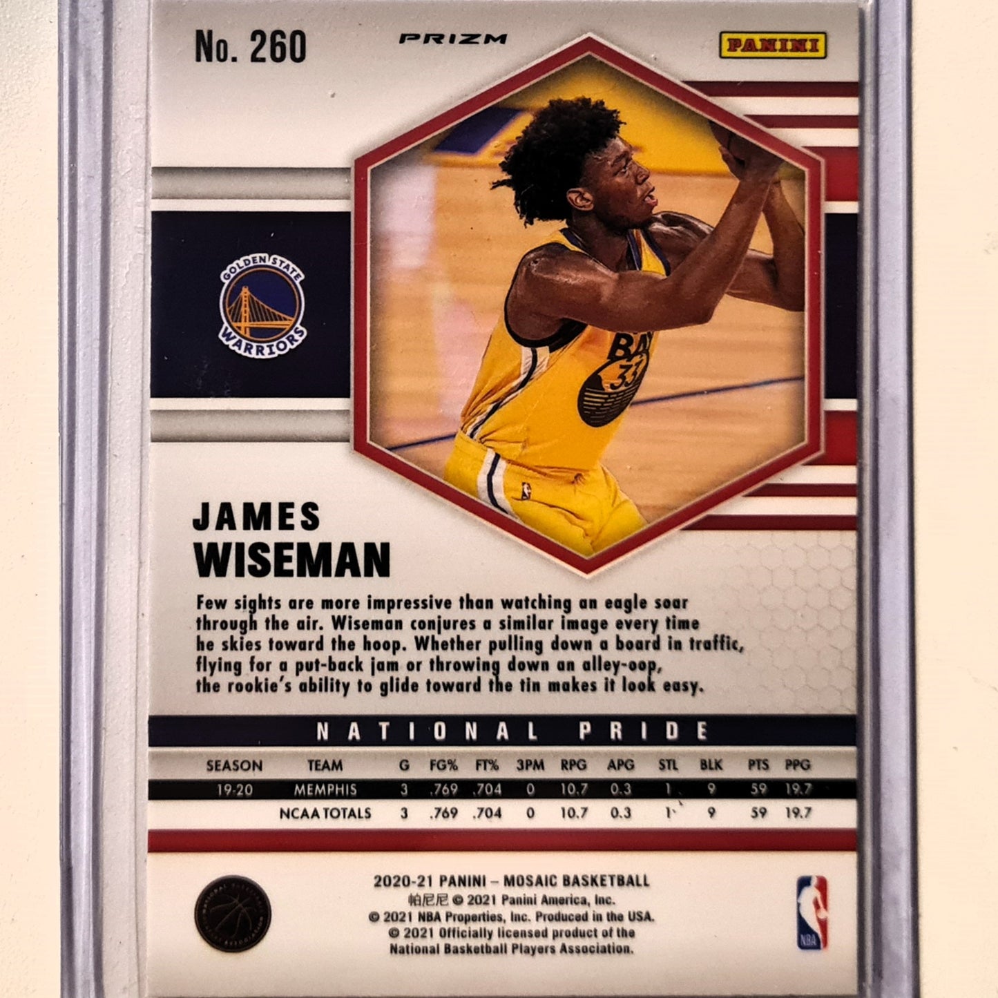 James Wiseman 2020-21 Panini Mosaic national pink prizm Rookie RC #260 NBA Basketball Golden State Warriors Excellent/mint Sleeved