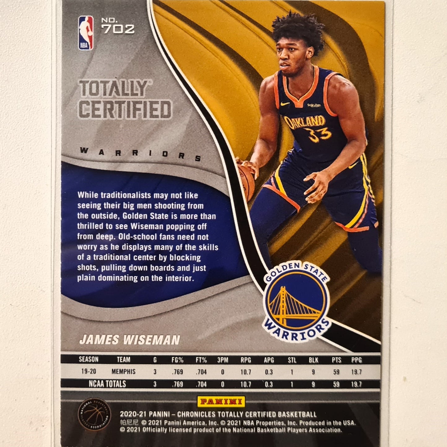 James Wiseman 2020-21 Panini totally Certified Rookie RC #702 NBA Basketball Golden State Warriors Excellent/mint Sleeved