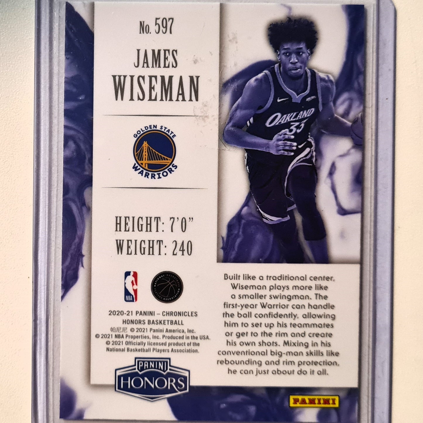 James Wiseman 2020-21 Panini Honors Rookie RC #597 NBA Basketball Golden State Warriors Excellent/mint Sleeved