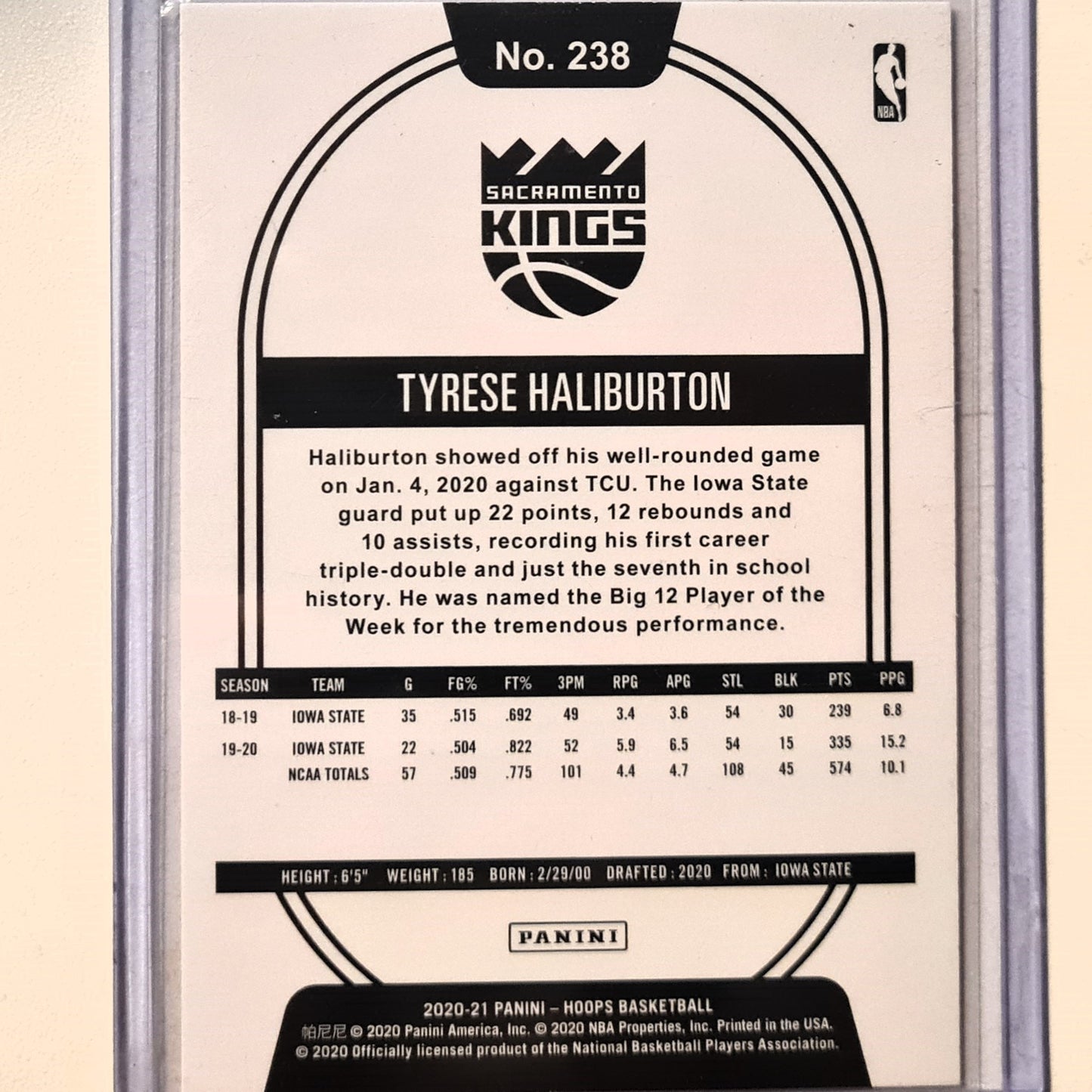 Tyrese Haliburton 2020-21 Panini NBA Hoops Rookie RC #238 NBA Basketball Sacramento Kings Excellent/mint Sleeved