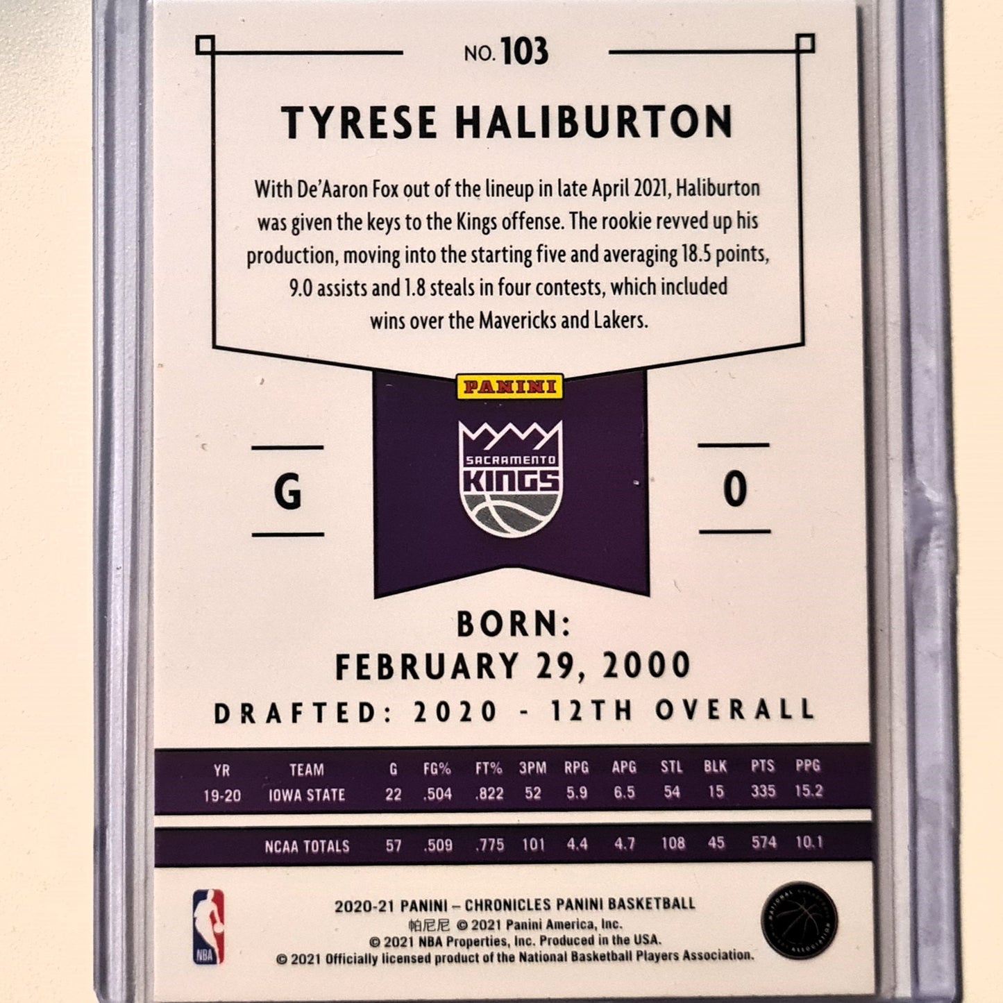 Tyrese Haliburton 2020-21 Panini Chronicles Rookie RC #103 NBA Basketball Sacramento Kings Iowa State Excellent Sleeved