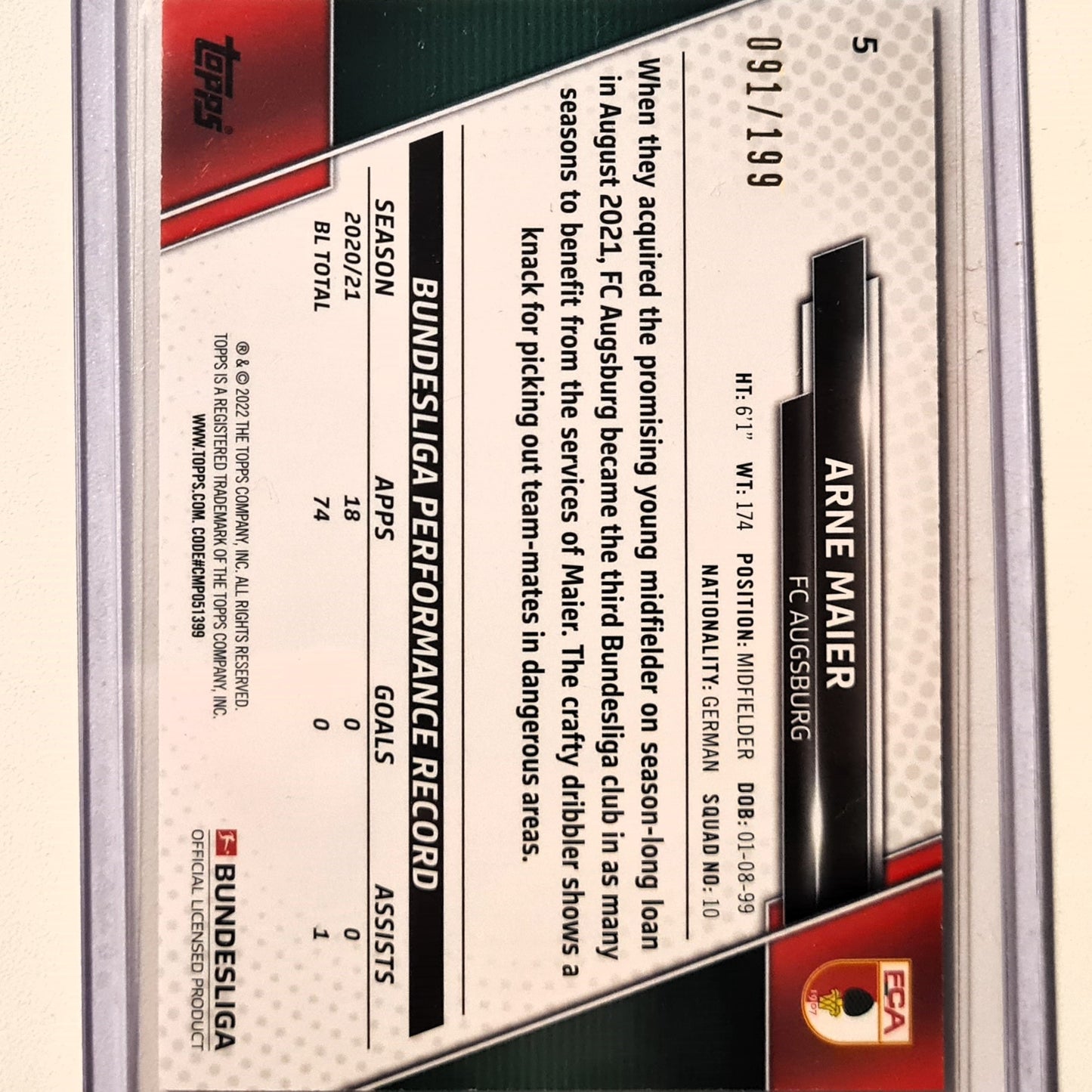 Arne Maier 2022 Topps Bundesliga rookie RC Holo Numbered 091/199 #5 Soccer Football Augsburg Excellent/mint Sleeved