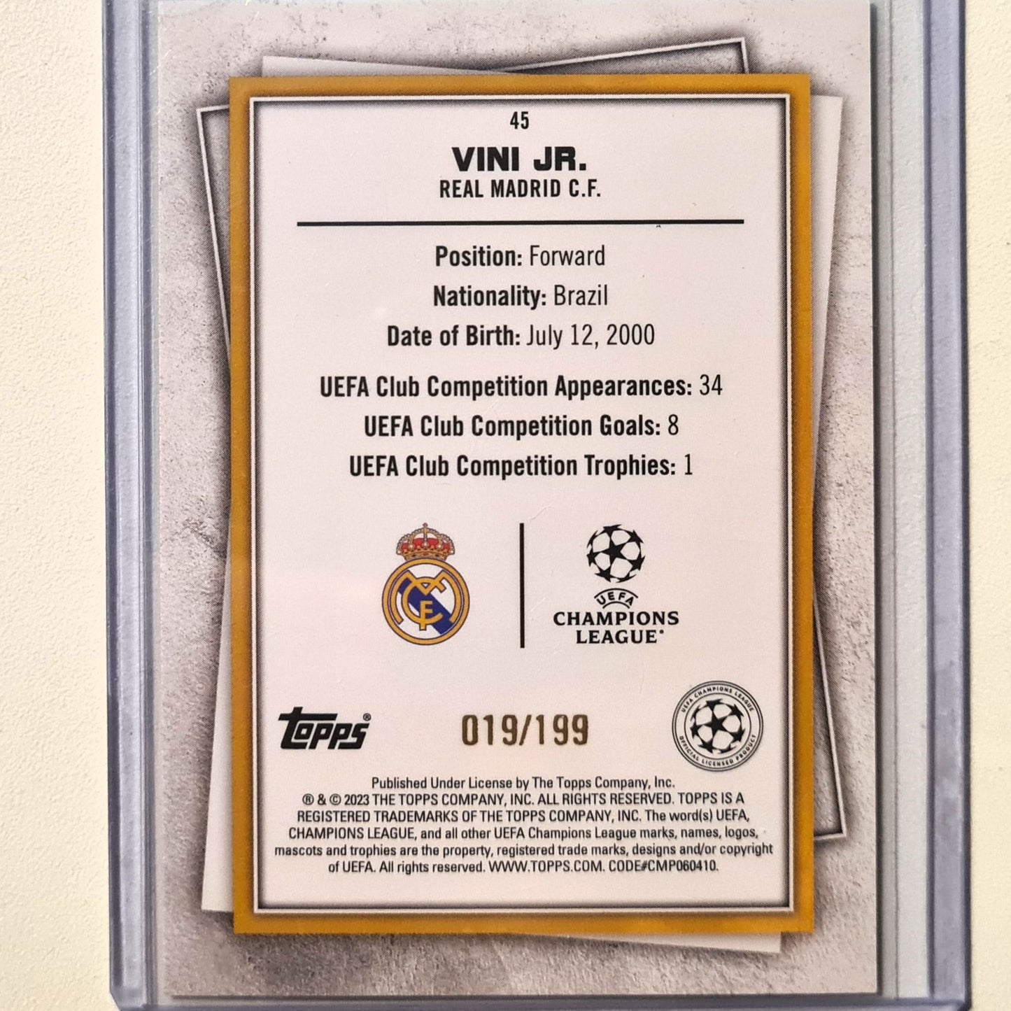 Vini Jr 2023 Topps Champions League league super rare Holo Numbered 019/199 #45 Soccer Football Real Madrid Excellent/mint Sleeved