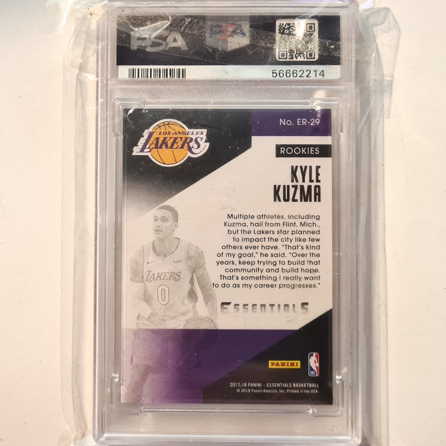 Kyle Kuzma 2017-18 Panini essentials Rookies Rookie RC ER-29 NBA Basketball LA Lakers PSA 8 Graded Slab