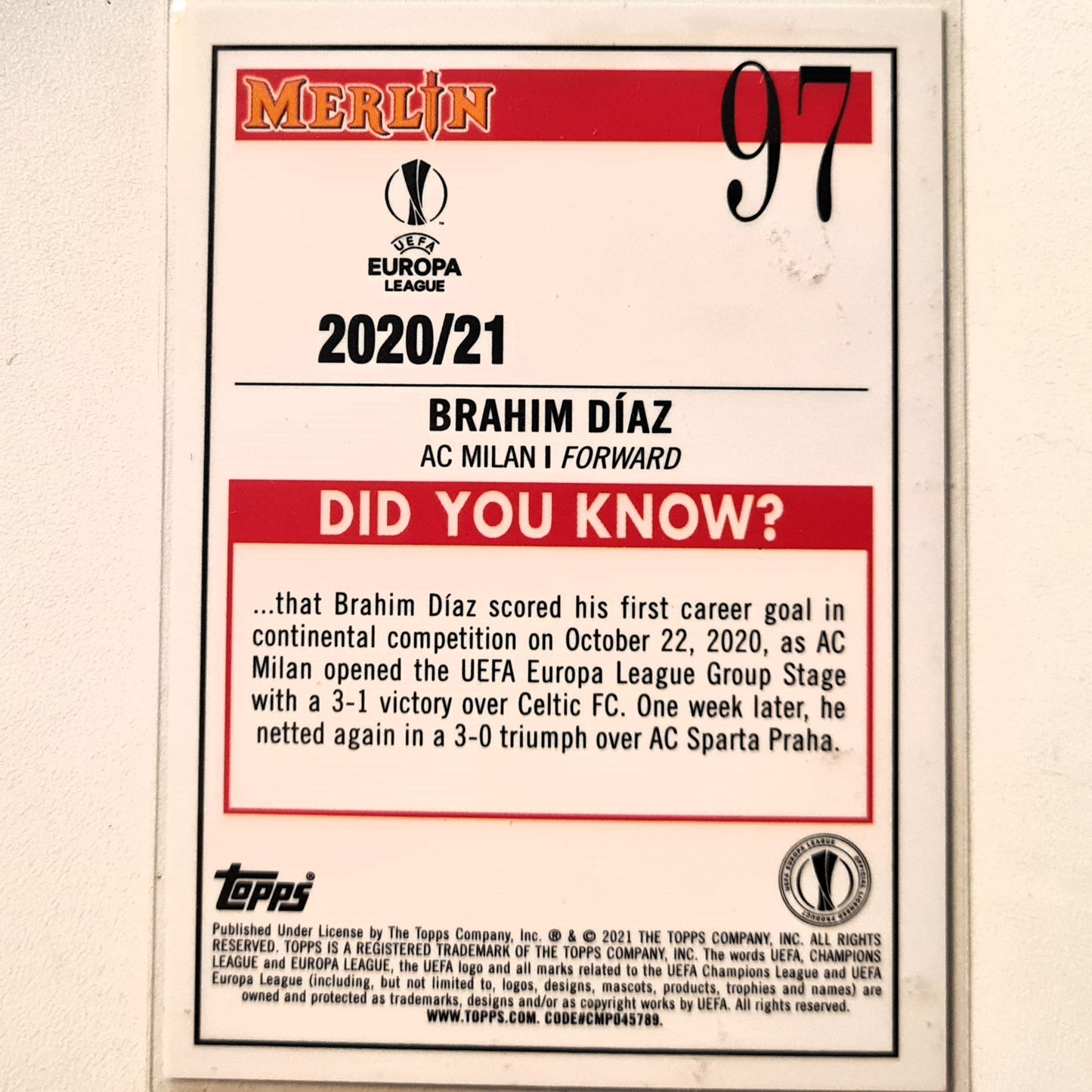 Brahim Diaz 2021 Topps Merlin Europa League Rookie RC #97 Soccer Football AC Milan Excellent/mint sleeved