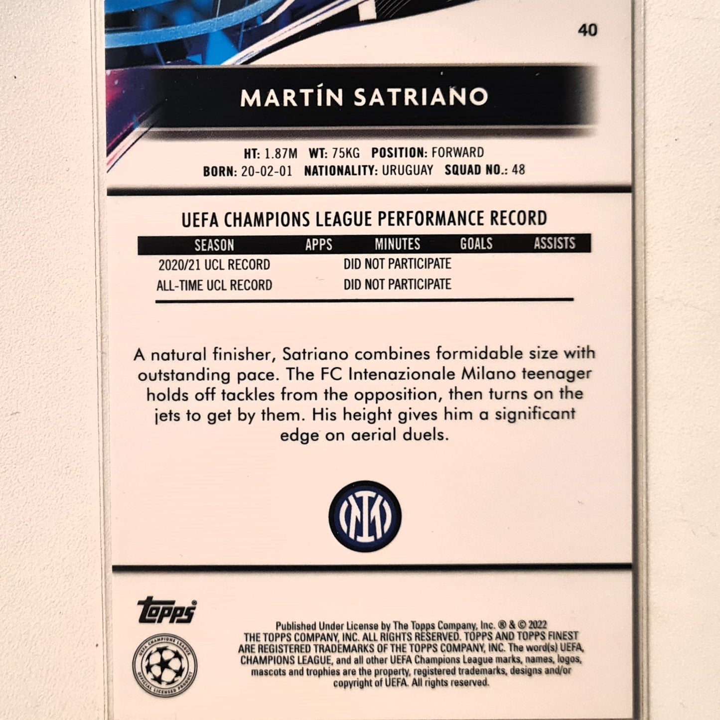 Martin Satriano 2022 Topps Finest Champions League Rookie RC #40 Soccer Football Inter Milan Excellent/mint sleeved