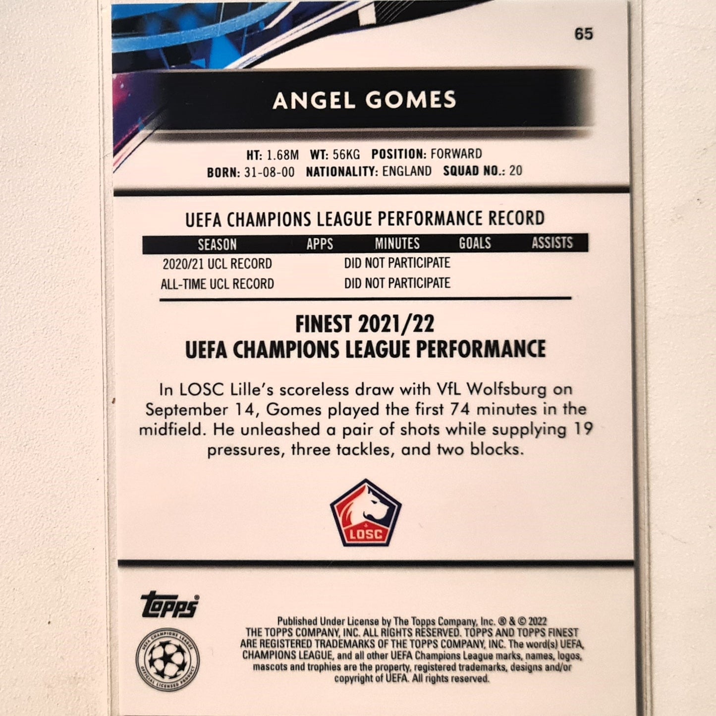 Angel Gomes 2022 Topps Finest Champions League Rookie RC #65 Soccer Football LOSC Excellent/mint sleeved