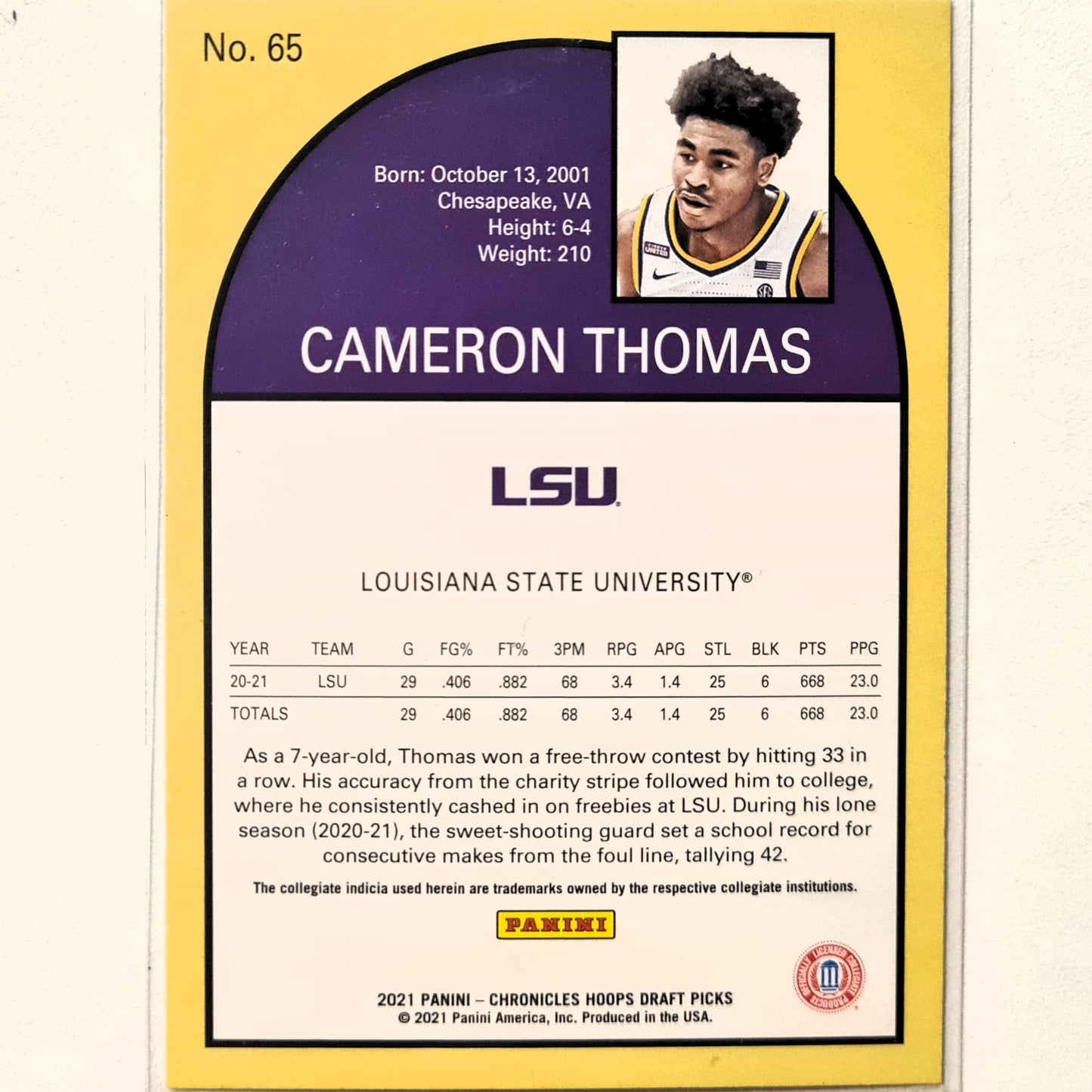 Cameron Thomas 2021 Panini NBA Hoops Draft Picks Rookie RC #65 NBA Basketball LSU/Brooklyn Nets excellent Sleeved