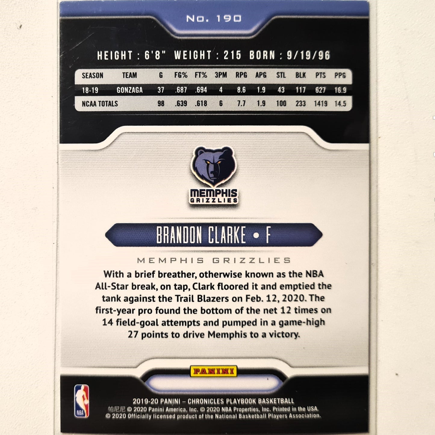 Brandon Clarke 2019-20 Panini Chronicles playbook Rookie RC #190 NBA Basketball Memphis Grizzlies Excellent sleeved