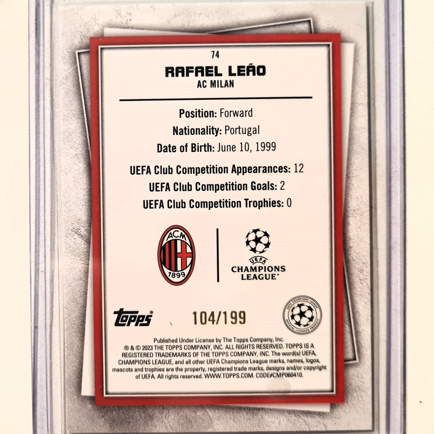 Rafael Leao 2023 Topps Soccer Stars Super rare green 104/199 #74 Soccer Football AC Milan Excellent/mint sleeved