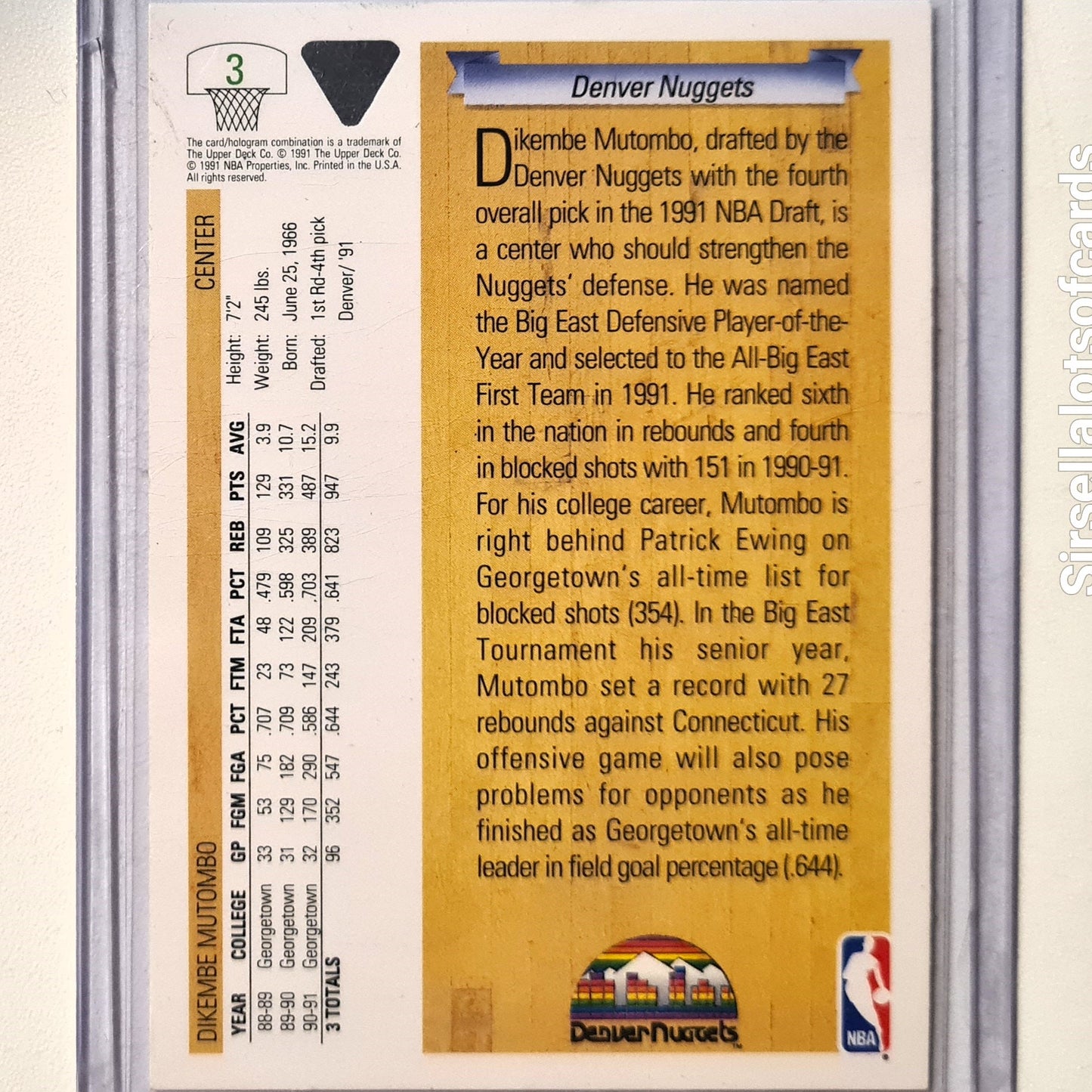 Dikembe Mutombo 1991 Upper-Deck NBA Draft pick 4th Rookie RC #3 NBA Basketball Denver Nuggets Excellent sleeved