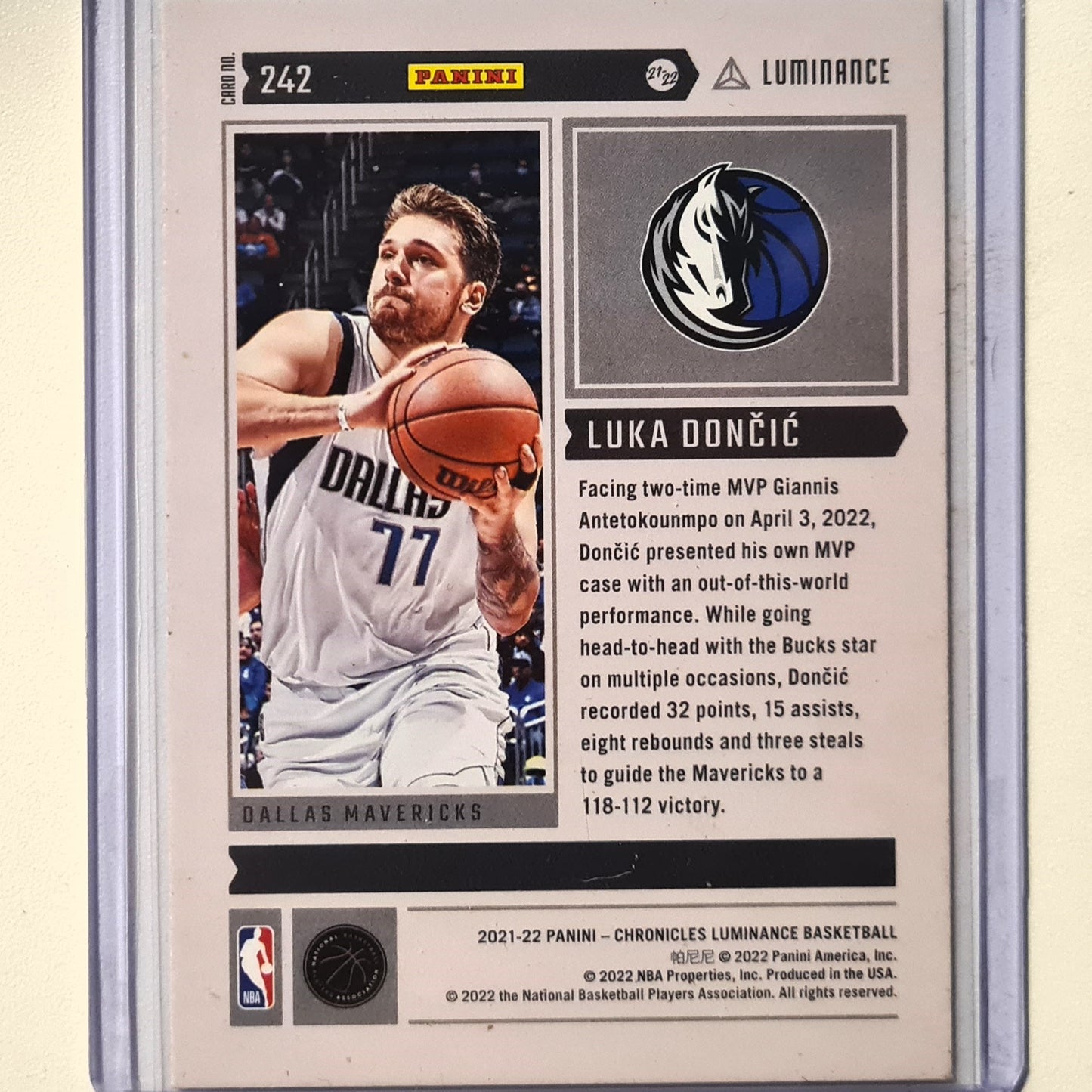 Luka Doncic 2021-22 Panini Chronicles Luminance #242 NBA Basketball Dallas Mavericks Mint Sleeved