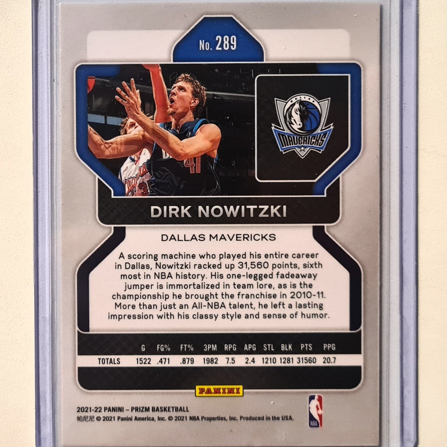 Dirk Nowitzki 2021-22 Panini Prizm #289 NBA Basketball Dallas Mavericks Mint sleeved