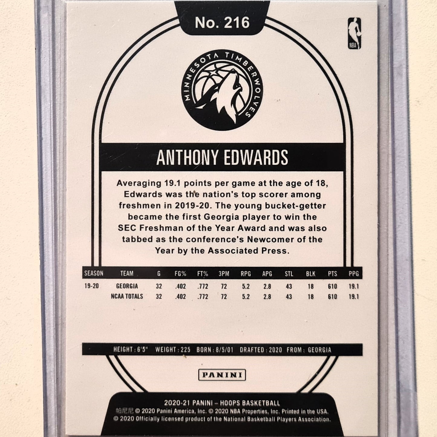 Anthony Edwards 2020-21 Panini NBA Hoops Rookie RC #216 NBA Basketball Minnesota Timberwolves excellent/Mint Sleeved