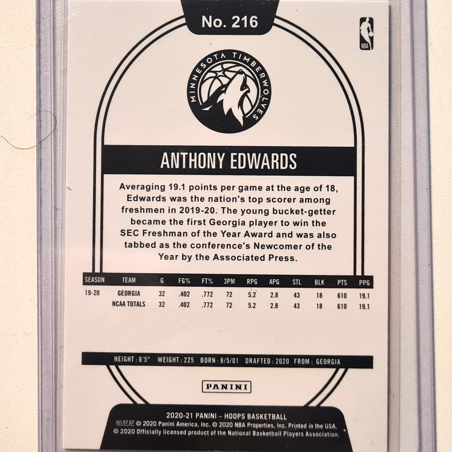 Anthony Edwards 2020-21 Panini NBA Hoops Rookie RC winter edition #216 NBA Basketball Minnesota Timberwolves excellent/Mint Sleeved