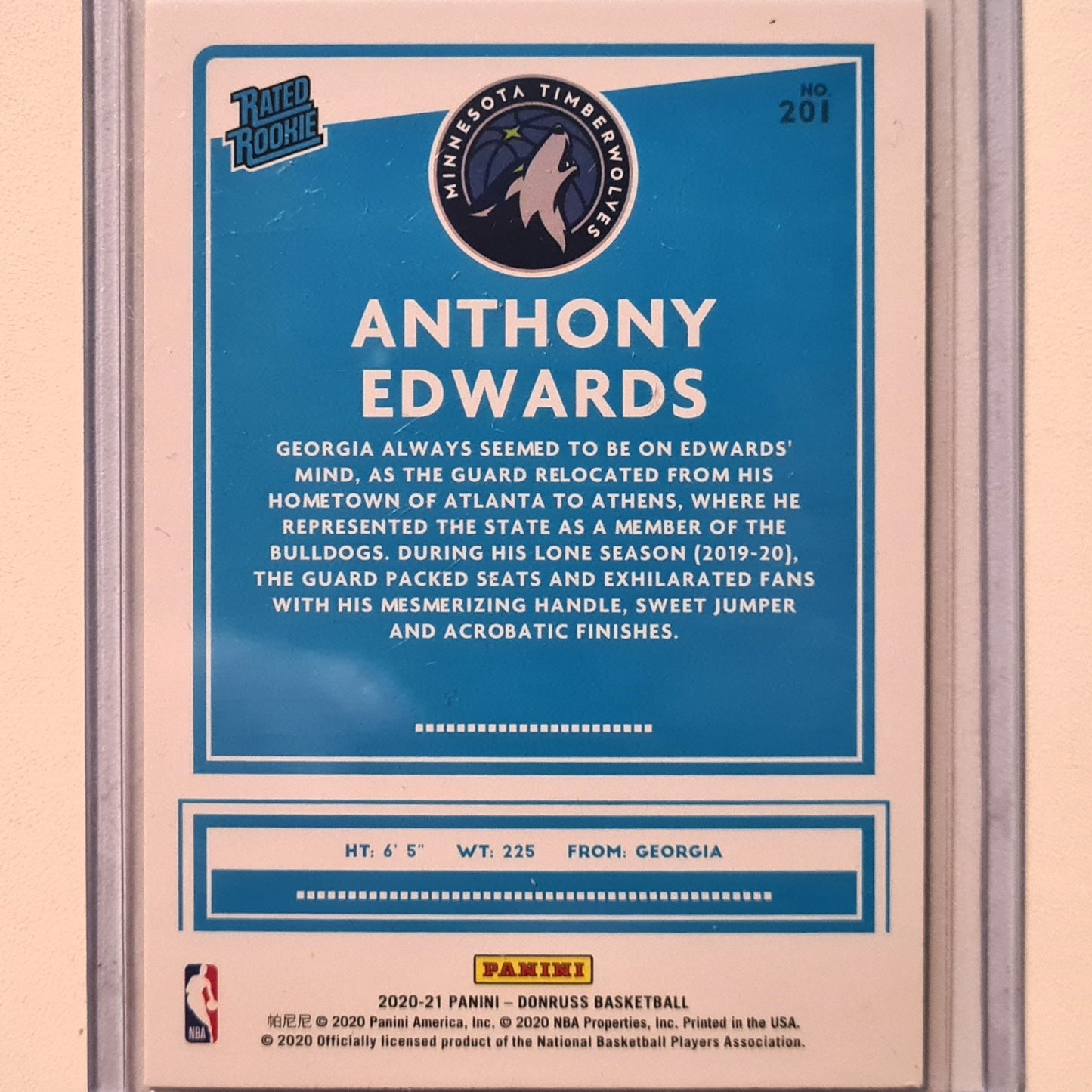 Anthony Edwards 2020-21 Panini Donruss Optic Rated Rookie RC #201 NBA Basketball Minnesota Timberwolves excellent/Mint Sleeved