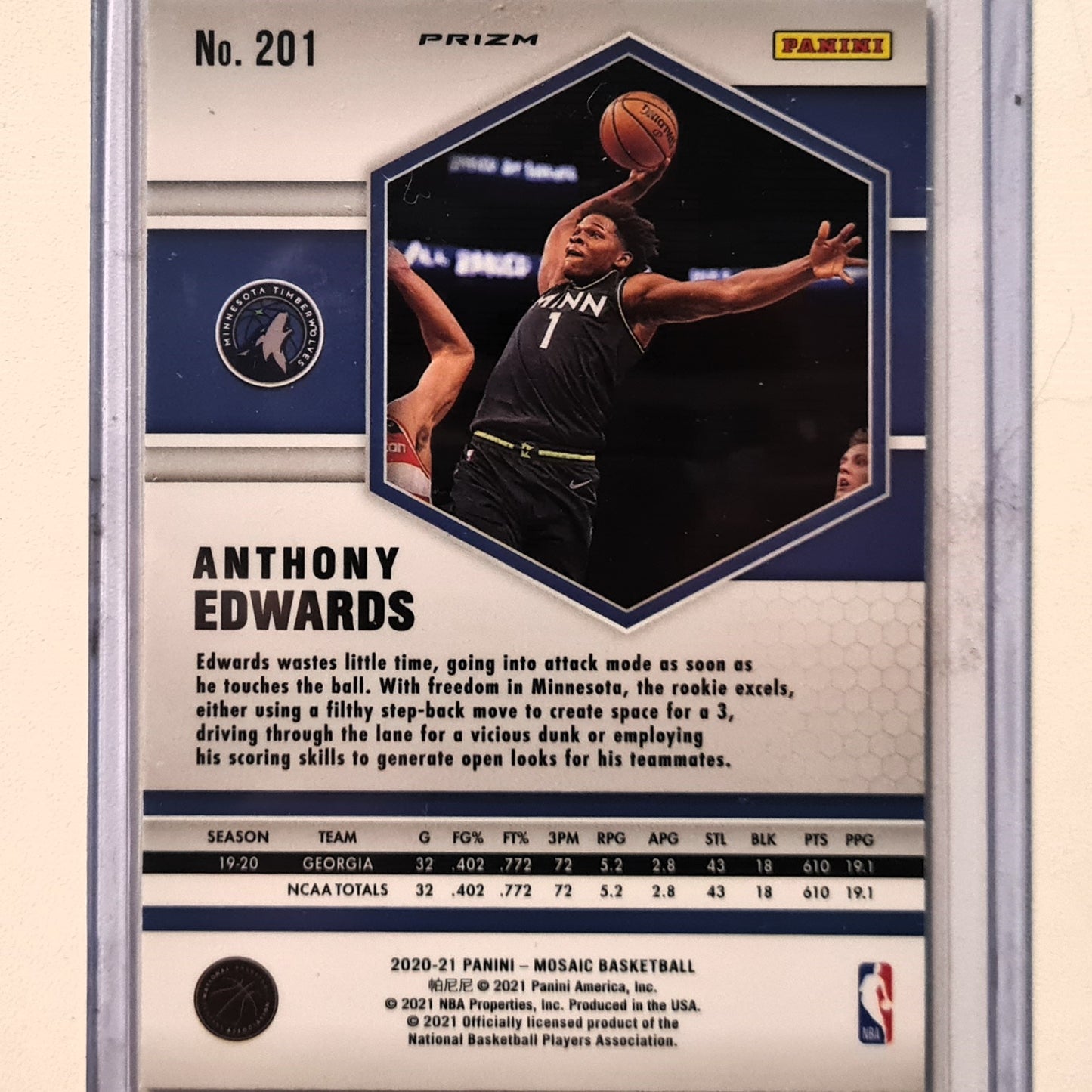 Anthony Edwards 2020-21 Panini Mosaic pink prizm Rookie RC #201 NBA Basketball Minnesota Timberwolves excellent/Mint Sleeved