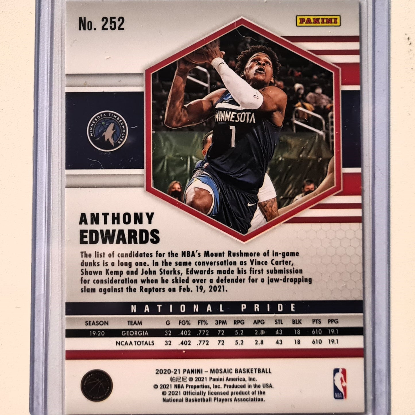 Anthony Edwards 2020-21 Panini Mosaic National Pride Rookie RC #252 NBA Basketball Minnesota Timberwolves excellent Sleeved