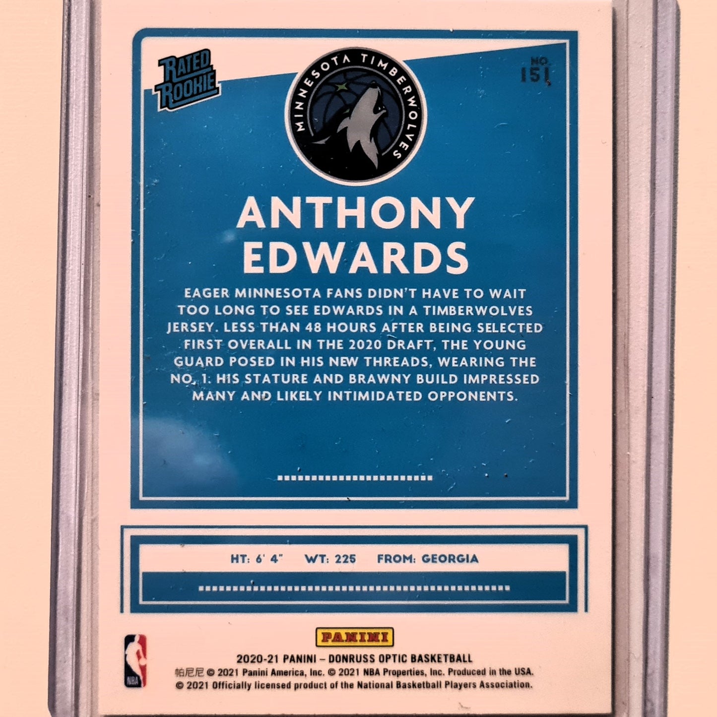 Anthony Edwards 2020-21 Panini NBA Donruss Optic Rated Rookie RC #151 NBA Basketball Minnesota Timberwolves excellent Sleeved