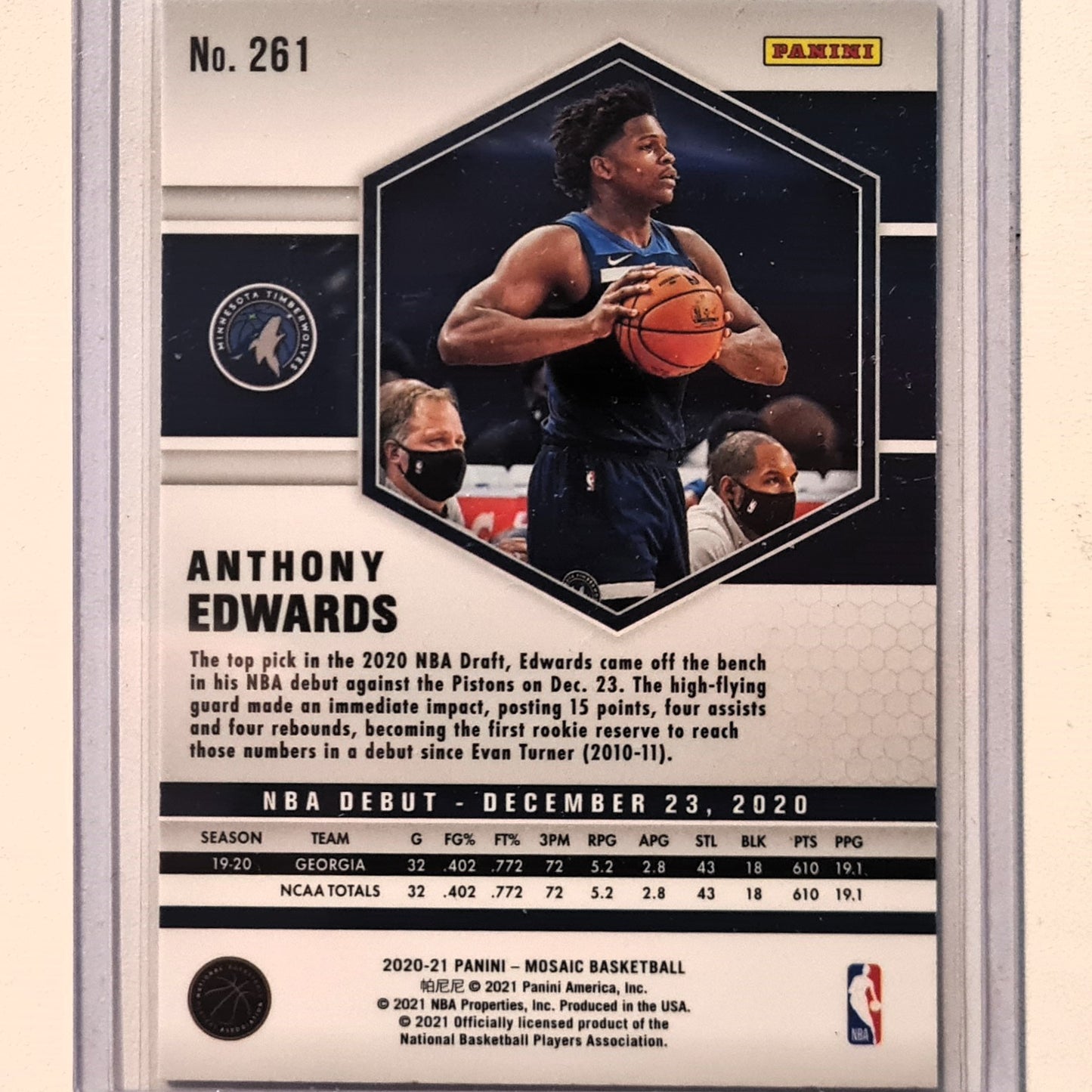 Anthony Edwards 2020-21 Panini Mosaic NBA Debut Rookie RC #261 NBA Basketball Minnesota Timberwolves excellent Sleeved