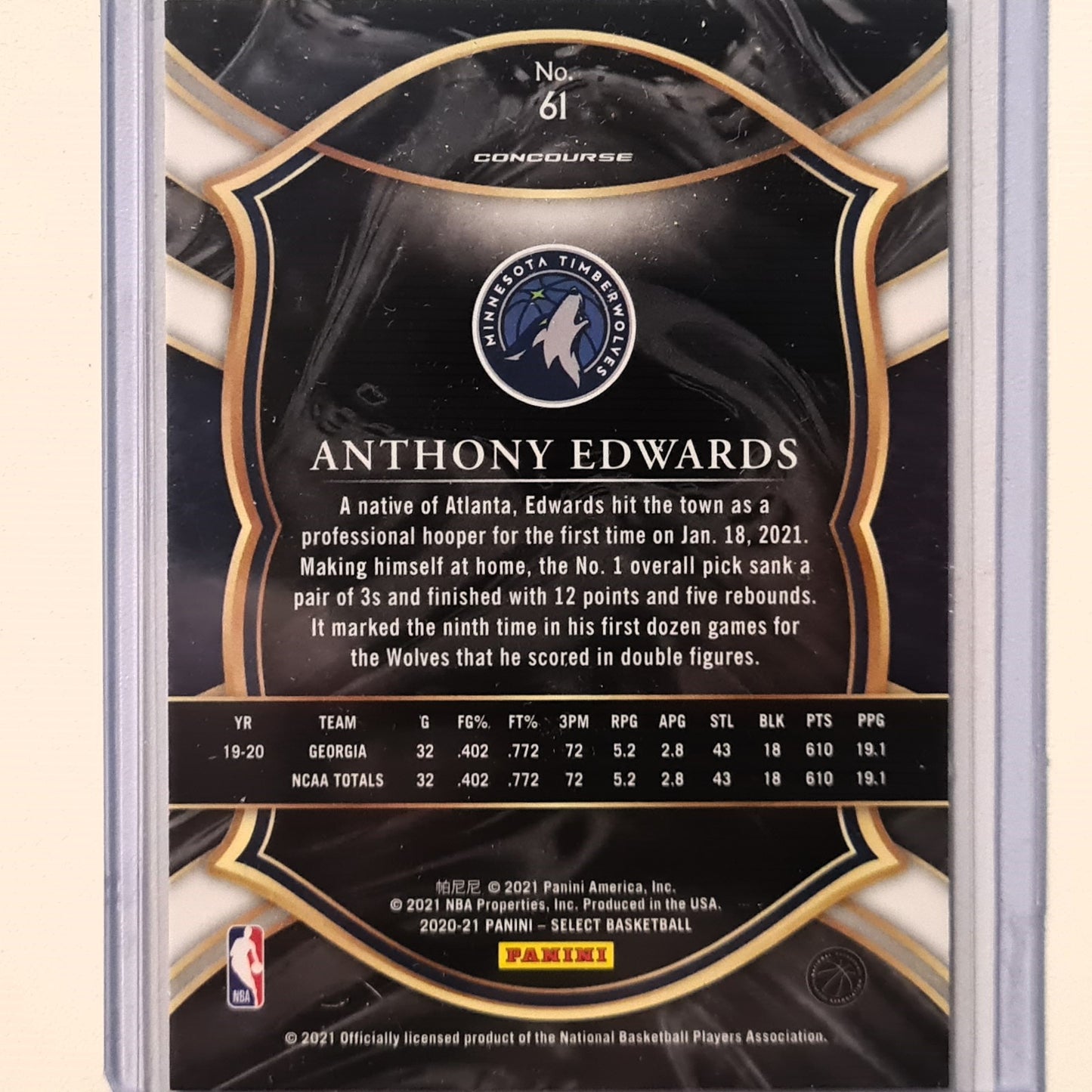 Anthony Edwards 2020-21 Panini Select Concourse blue Rookie RC #61 NBA Basketball Minnesota Timberwolves excellent Sleeved