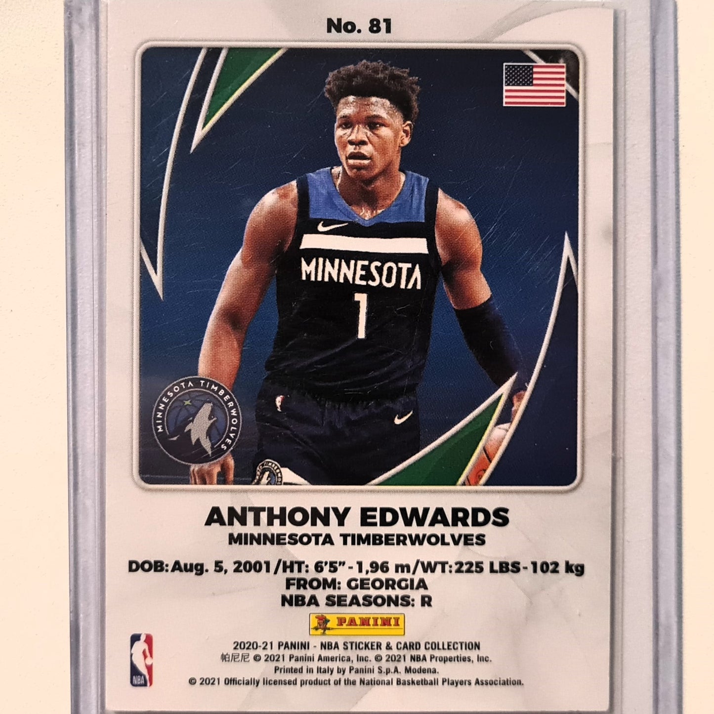 Anthony Edwards 2020-21 Panini Sticker card collection Rookie RC card #81 NBA Basketball Minnesota Timberwolves excellent Sleeved