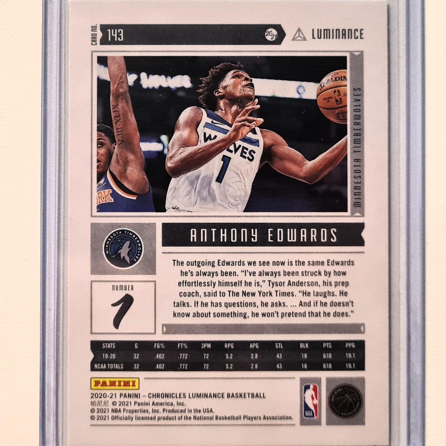 Anthony Edwards 2020-21 Panini Chronicles Luminance Rookie RC #143 NBA Basketball Minnesota Timberwolves excellent Sleeved