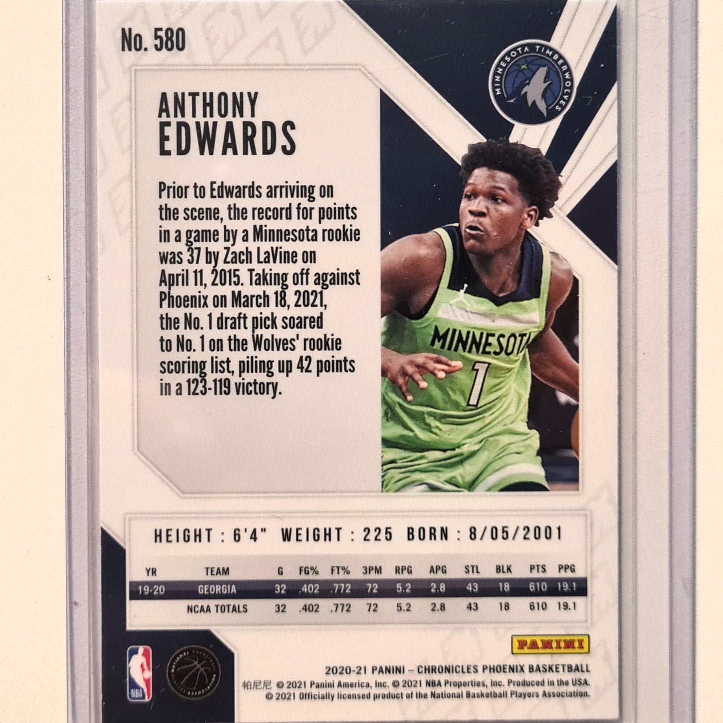 Anthony Edwards 2020-21 Panini phoenix Rookie RC #580 NBA Basketball Minnesota Timberwolves excellent Sleeved