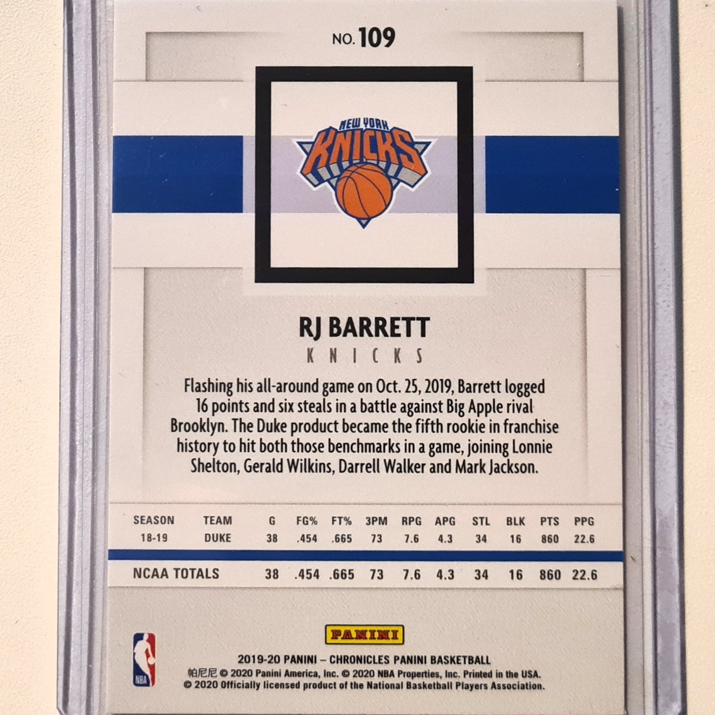RJ Barrett 2019-20 Panini Chronicles Rookie RC #109 NBA Basketball New York Knicks excellent Sleeved
