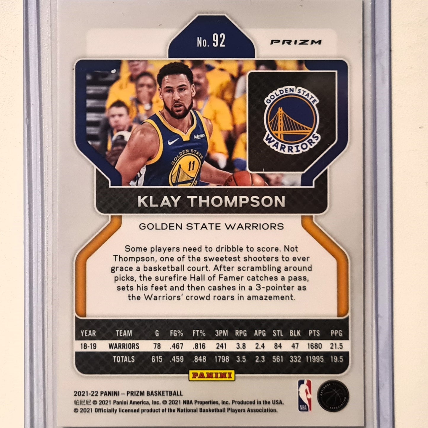 Klay Thompson 2021-22 Panini Prizm Green Holo #92 NBA Basketball Golden State Warriors excellent Sleeved