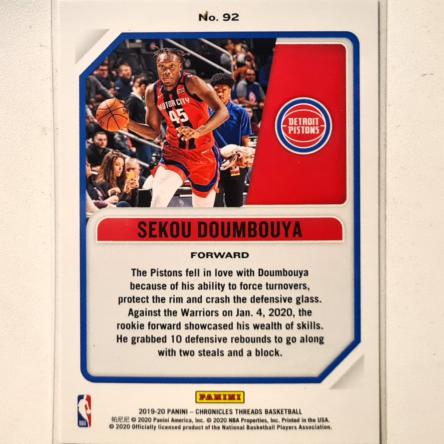 Sekou Doumbouya 2019-20 Panini Chronicles Threads Rookie RC #92 NBA Basketball Detroit Pistons Excellent/Mint Sleeved