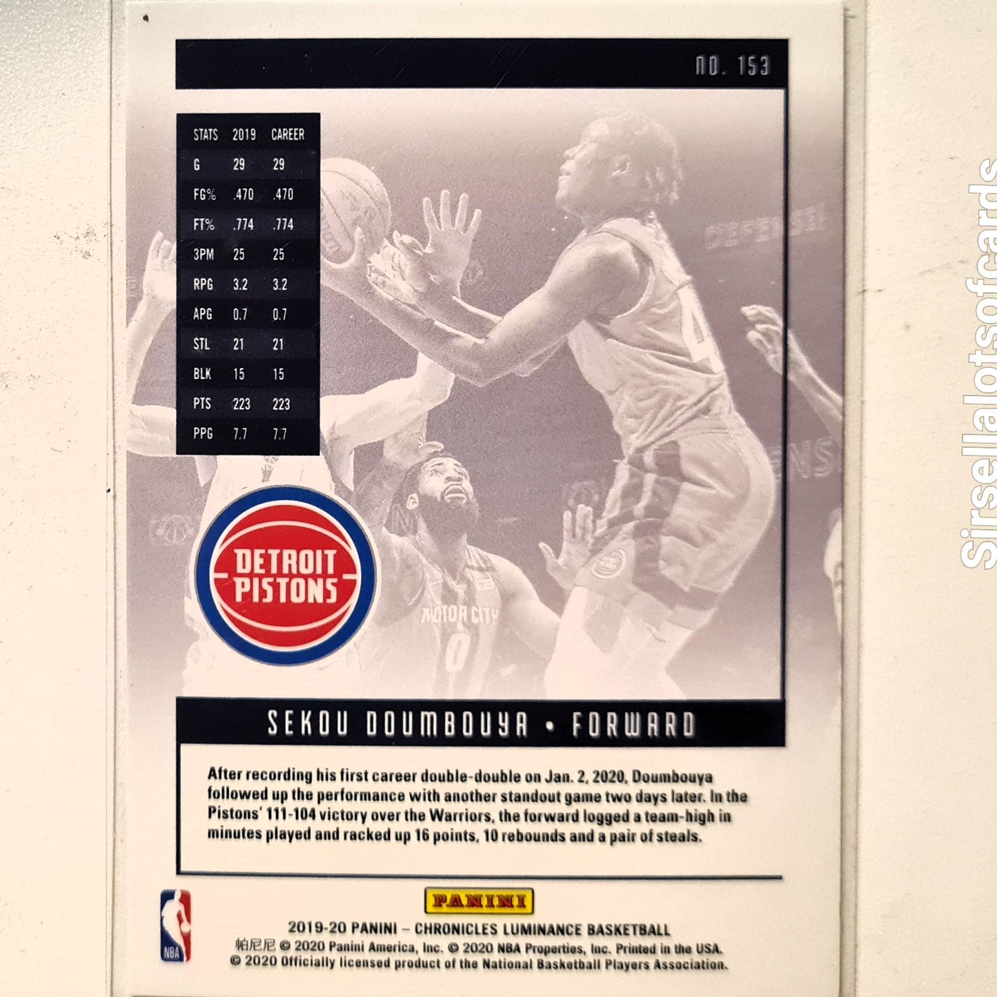 Sekou Doumbouya 2019-20 Panini Chronicles Luminance Rookie RC #153 NBA Basketball Detroit Pistons Excellent/Mint Sleeved