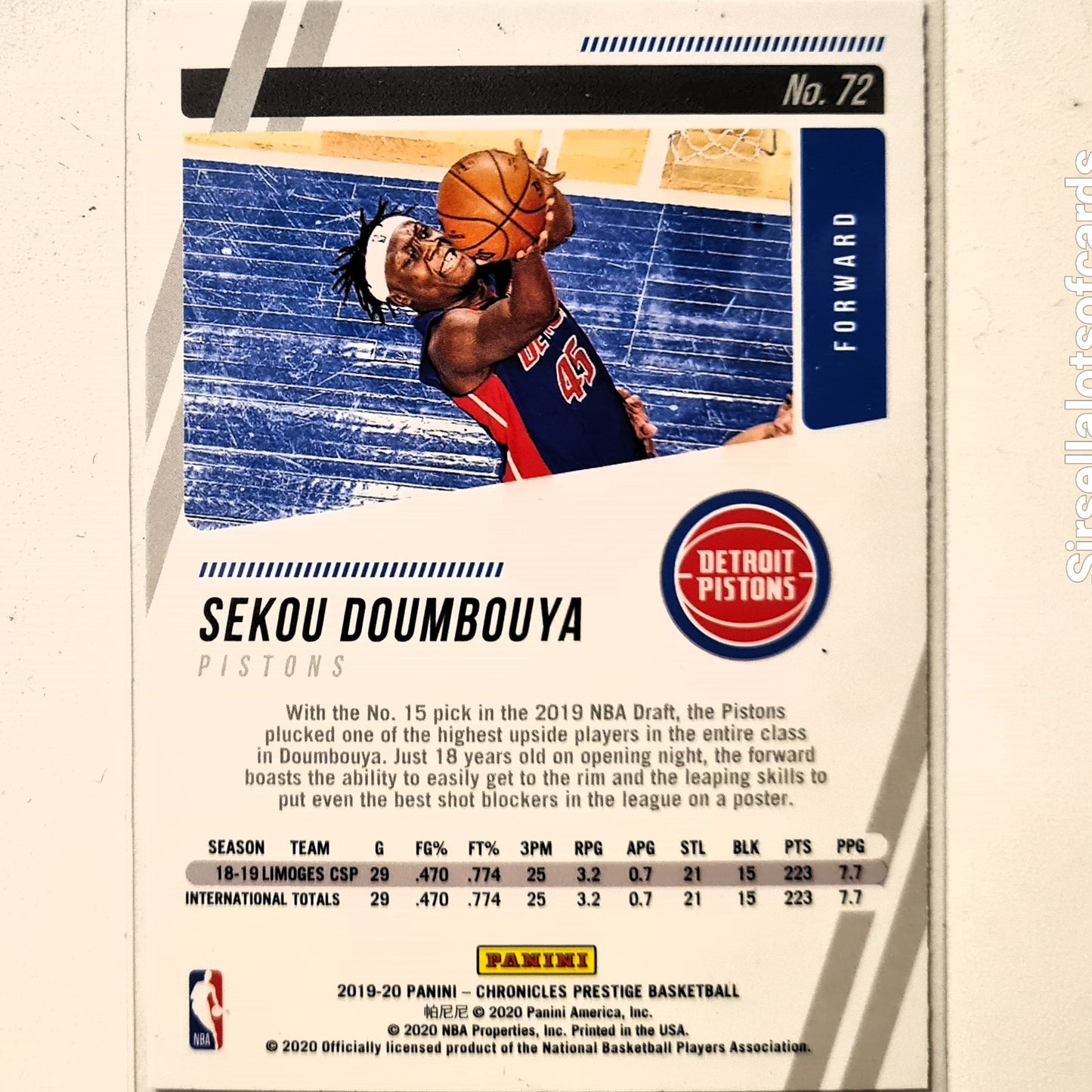 Sekou Doumbouya 2019-20 Panini Chronicles Prestige Rookie RC #72 NBA Basketball Detroit Pistons Excellent/Mint Sleeved