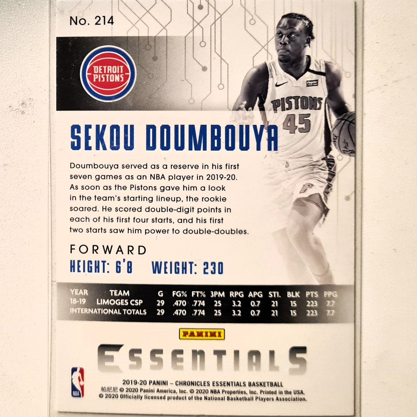 Sekou Doumbouya 2019-20 Panini Essentials Rookie RC #214 NBA Basketball Detroit Pistons Excellent/Mint Sleeved