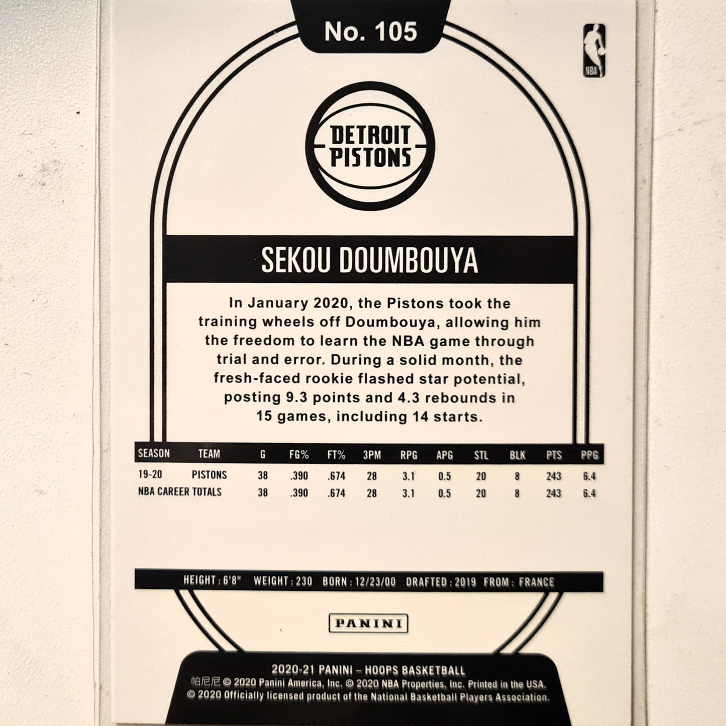 Sekou Doumbouya 2020-21 Panini NBA Hoops purple #105 NBA Basketball Detroit Pistons Excellent Sleeved