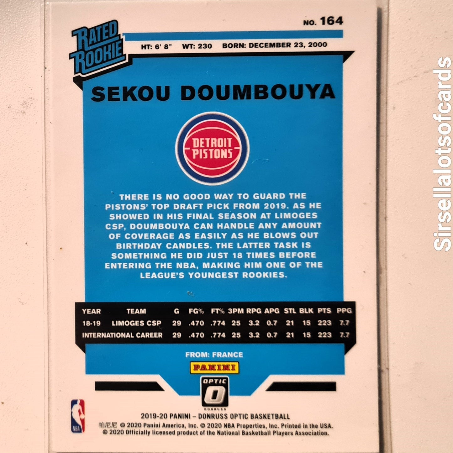 Sekou Doumbouya 2019-20 Panini Donruss Optic Rated Rookie RC #164 NBA Basketball Detroit Pistons Excellent/Mint Sleeved