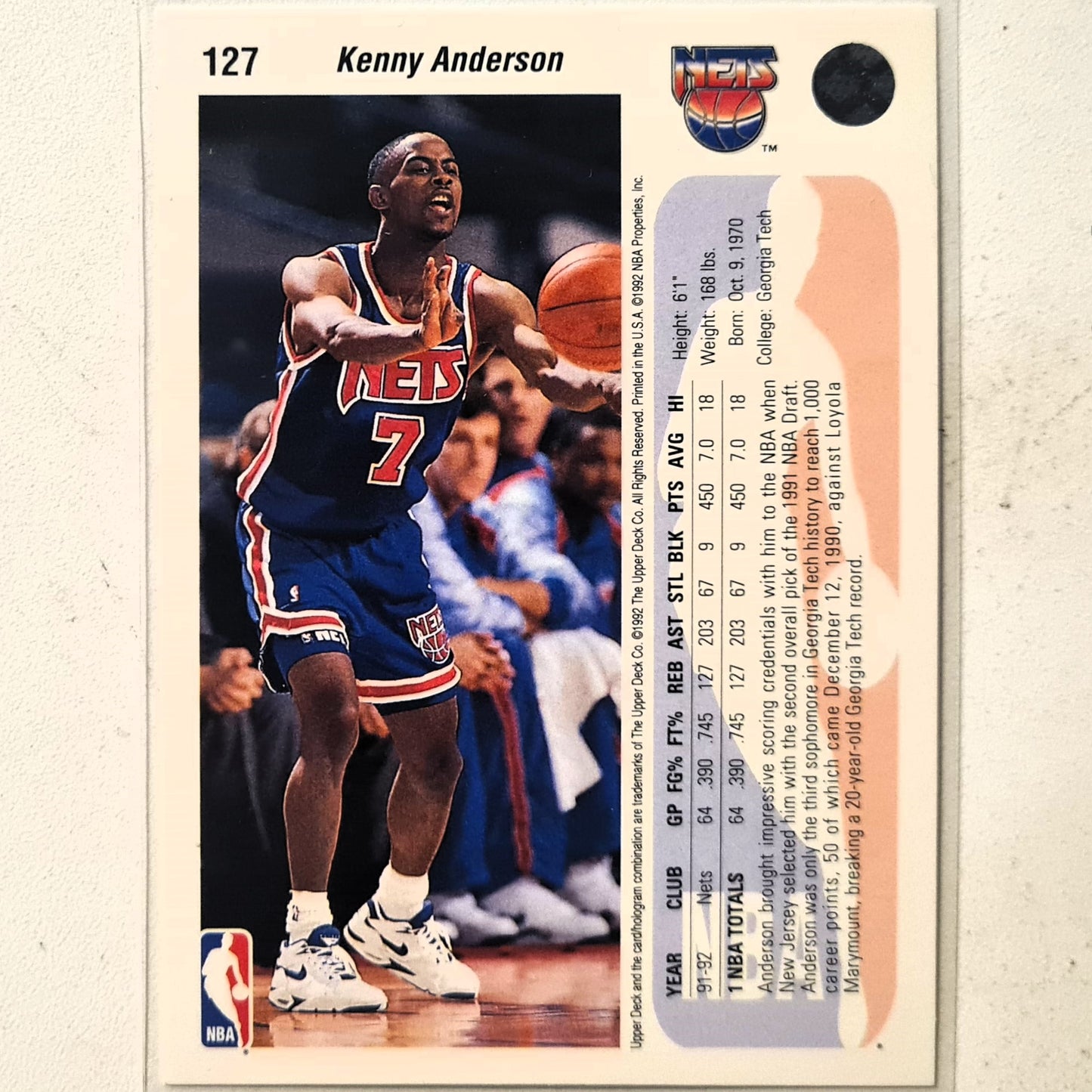 Kenny Anderson 1991 Upper-Deck #127 NBA Basketball New Jersey Nets Excellent Sleeved