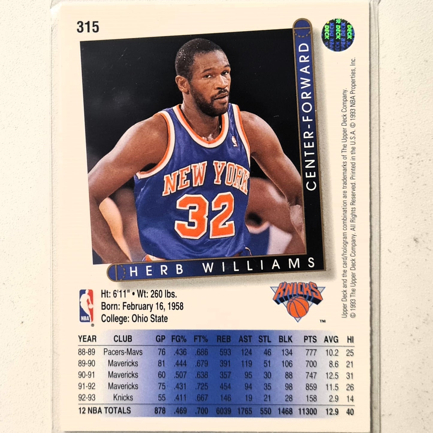 Herb Williams 1991 Upper-Deck #315 NBA Basketball New York Knicks Excellent sleeved