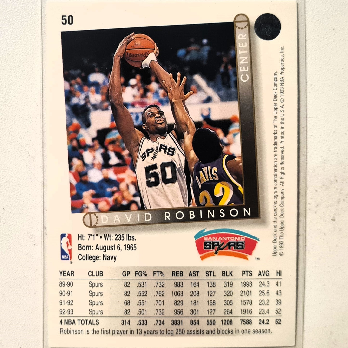 David Robinson 1991 Upper-Deck #50 NBA Basketball San Antonio Spurs Excellent sleeved
