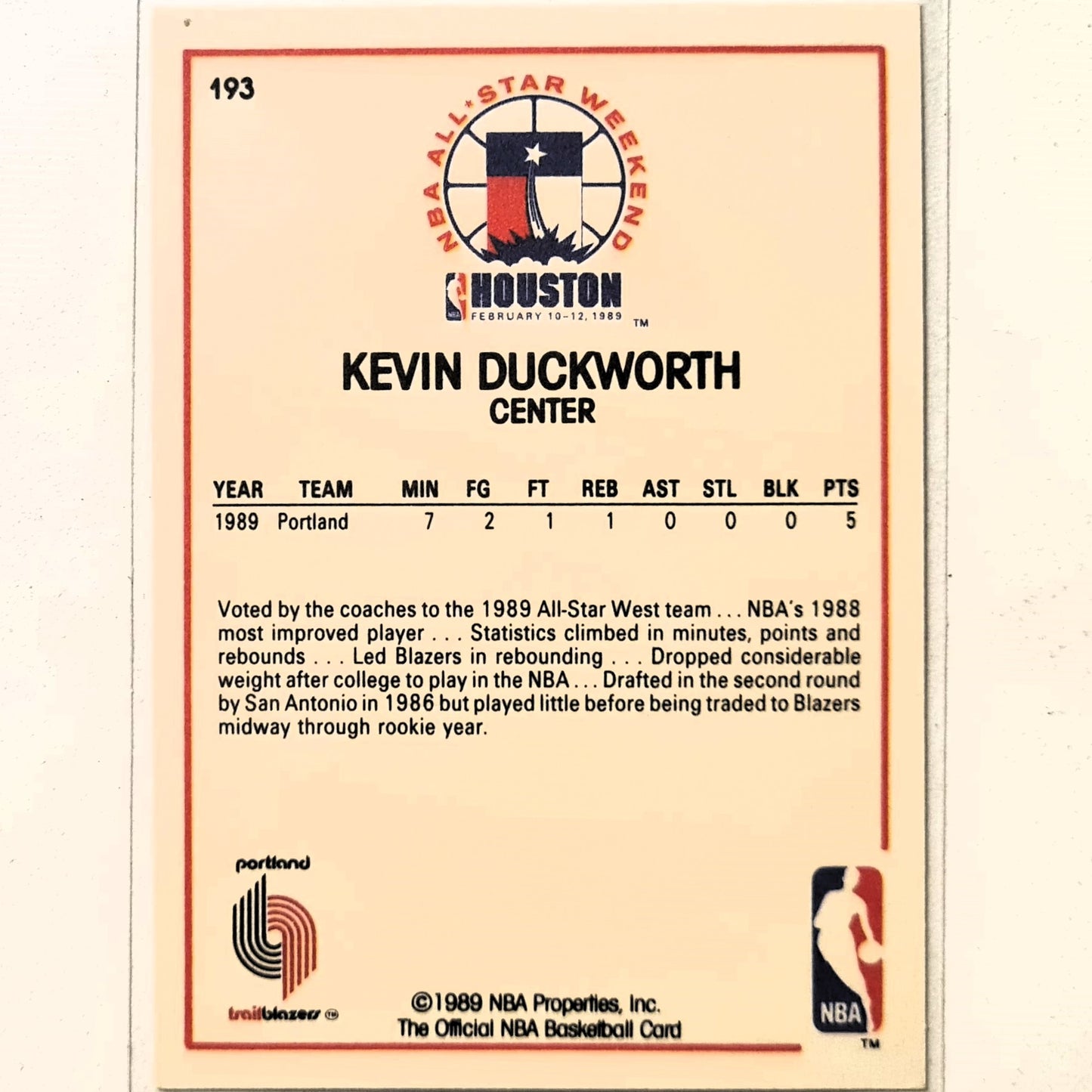 Kevin Duckworth NBA Hoops Houston all-star game #193 NBA Basketball Portland Trail Blazers Excellent sleeved
