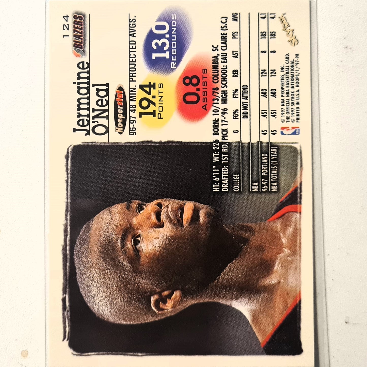 Jermaine O'Neal 1997 Skybox NBA Hoops #124 NBA Basketball Portland Trail Blazers Excellent sleeved