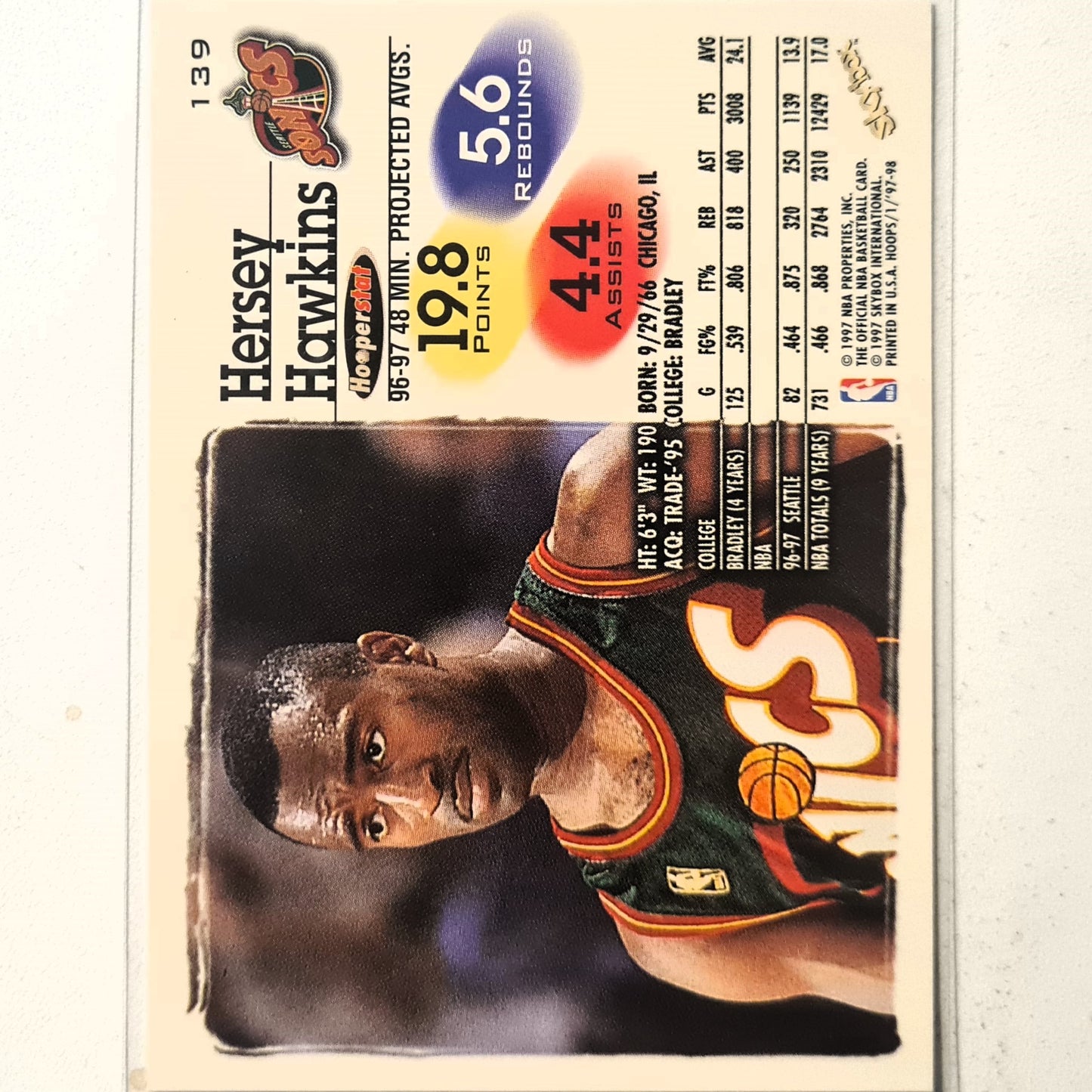 Hersey Hawkins 1997 Skybox NBA Hoops #139 NBA Basketball Seattle Super Sonics Excellent sleeved